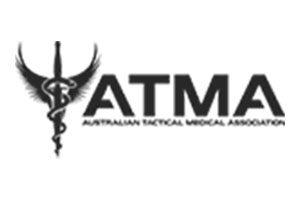 A black and white logo of the australian tactical medical association.