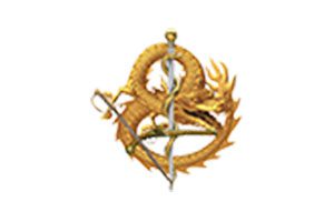 A gold dragon with two swords in it's mouth.