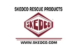 A red and white logo for skedco rescue products.